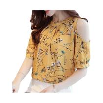 Blusa Feminina De Chiffon Estampada Com Ombros Descobertos E Manga Curta, Elegante Para O Blusa Feminina De Chiffon Estampada Com Ombros Descobertos E Manga Curta, Elegante Para O