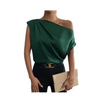 Blusa feminina de gola enviesada sem mangas, camisas monocromáticas, tops estilo casual, verão