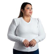 Blusa Feminina De Inverno Manga Longa Princesa Bufante Plus Size Gola Em V Segunda Pele Malha Canelada M Até O G5