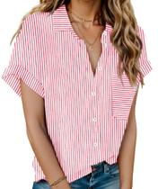 Blusa feminina de linho com botões HOTOUCH, manga curta, algodão Blusa feminina de linho com botões HOTOUCH, manga curta, algodão