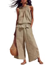 Blusa feminina de linho Outfit Tanming, 2 peças com babados e calças largas Blusa feminina de linho Outfit Tanming, 2 peças com babados e calças largas