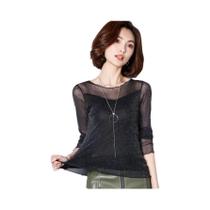 Blusa Feminina De Malha Com Glitter Manga Longa Gola O Ajustada Preta Rosa Estilo Coreano Top