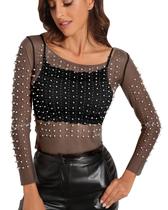 Blusa feminina de malha de manga comprida transparente com strass pérola transparente, capa de peça única, capa curta para o Festival de Halloween (preta, 4) Blusa feminina de malha de manga comprida transparente com strass pérola transparente, capa de peça única, capa curta para o Festival de Halloween (preta, 4)