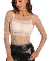 Blusa feminina de malha de manga comprida transparente com strass perolado transparente, capa única, capa curta para o Festival de Halloween (cor da pele, 8)