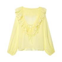 Blusa Feminina De Manga Longa Com Decote Em V E Babados Em Camadas, Solta, Cor Sólida, Casual E
