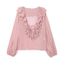 Blusa Feminina De Manga Longa Com Decote Em V E Babados Em Camadas, Solta, Cor Sólida, Casual E