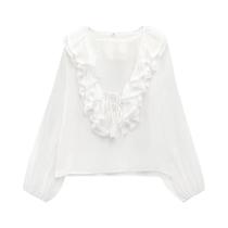 Blusa Feminina De Manga Longa Com Decote Em V E Babados Em Camadas, Solta, Cor Sólida, Casual E