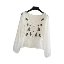 Blusa Feminina De Manga Longa Em Crochê Com Bordado De Flores Em Chiffon, Decote Quadrado, Estilo