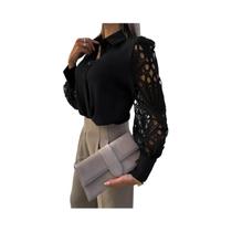 Blusa Feminina De Manga Longa Em Renda Branca Com Design Vintage E Botões, Top Preto Com Detalhes Em