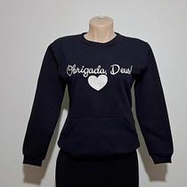 Blusa Feminina de Moletom Preta Gola Redonda