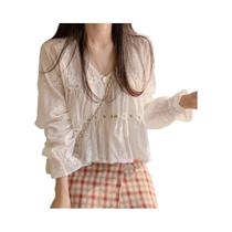 Blusa Feminina De Outono Com Manga Longa E Decote Em V, Renda E Margaridas Tridimensionais, Estilo