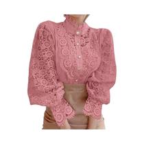 Blusa Feminina De Primavera Com Renda Floral, Gola Alta, Botões, Estilo Escritório, Vazada, 12419
