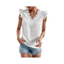 Blusa Feminina De Renda Com Manga Curta E Botões, Camisa Fashion Fuzzy