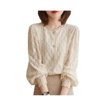 Blusa Feminina de Renda com Manga Longa Lanterna - Casual - Primavera/Outono Blusa Feminina de Renda com Manga Longa Lanterna - Casual - Primavera/Outono