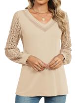 Blusa feminina de renda de manga comprida com decote em V, blusa casual de negócios Blusa feminina de renda de manga comprida com decote em V, blusa casual de negócios