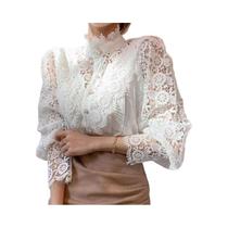 Blusa Feminina de Renda Floral - Gola com Botão - Ideal para Escritório e Primavera