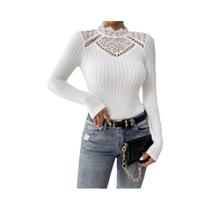 Blusa Feminina De Tricô Com Gola Alta E Manga Longa Em Renda Preta, Estilo Slim Fit, Moda Primavera