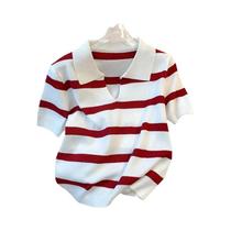 Blusa Feminina De Tricô Com Gola E Estampa Listrada, Manga Curta, Cropped, Primavera Verão