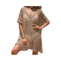 Blusa Feminina De Tricô Vazado Com Decote V, Crochê Transparente, Pulôver Longo Estilo Boho Para O
