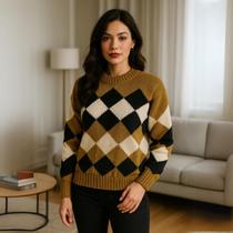 Blusa Feminina de Tricot Losango Manga Longa Ideal para os dias Frios