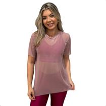 Blusa Feminina de Tule Transparente Academia Fitness Manga Curta