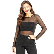 Blusa Feminina de Tule Transparente Preta com Brilho Lurex Manga Longa Festa Balada Fantasia Blusa Feminina de Tule Transparente Preta com Brilho Lurex Manga Longa Festa Balada Fantasia