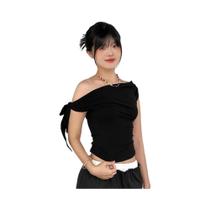 Blusa Feminina De Verão Assimétrica Com Um Ombro Só, Plissada, Sem Costas E Amarração Torcida - Blusa Feminina De Verão Assimétrica Com Um Ombro Só, Plissada, Sem Costas E Amarração Torcida -