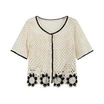 Blusa Feminina De Verão Com Bordado De Girassol Em Crochê, Manga Curta, Botões Frontais, Blusa Feminina De Verão Com Bordado De Girassol Em Crochê, Manga Curta, Botões Frontais,