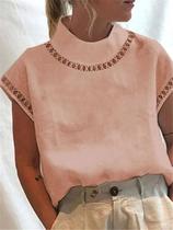 Blusa Feminina De Verão Com Gola Alta Vazada, Pulôver De Manga Curta Casual, Blusa Confortável Para