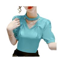 Blusa Feminina De Verão Com Manga Bufante Casual Decote Redondo Com Pérolas Em Cor Sólida Moda