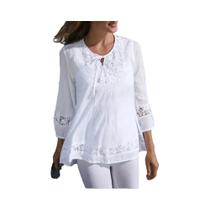 Blusa Feminina De Verão Com Renda E Patchwork, Estilo Boêmio, Manga 3/4, Casual, Vazada, Túnica,