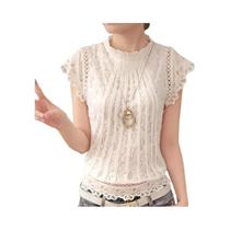 Blusa Feminina De Verão Com Renda Floral, Manga Pétala, Chiffon, Gola O, Curta, Elegante E Casual Blusa Feminina De Verão Com Renda Floral, Manga Pétala, Chiffon, Gola O, Curta, Elegante E Casual
