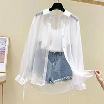 Blusa Feminina De Verão Em Chiffon Fina E Solta Com Botões, Manga Longa, Estilo Coreano, Camisa