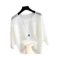 Blusa Feminina De Verão Em Seda Gelada Tricotada Com Detalhes Vazados Blusa Feminina De Verão Em Seda Gelada Tricotada Com Detalhes Vazados