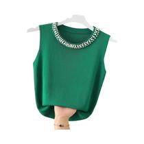Blusa Feminina De Verão Em Tricô Sem Mangas Com Miçangas, Top Casual Fino E Moderno Blusa Feminina De Verão Em Tricô Sem Mangas Com Miçangas, Top Casual Fino E Moderno