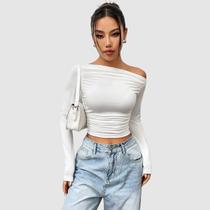 Blusa Feminina Decote Assimétrico Multiformas Basica Manga Longa Drapeada Elegante Moda Blogueira Blusa Feminina Decote Assimétrico Multiformas Basica Manga Longa Drapeada Elegante Moda Blogueira