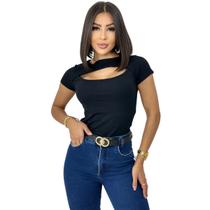 Blusa Feminina Decote Busto Canelada Manga Curta Blusa Feminina Decote Busto Canelada Manga Curta