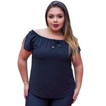 Blusa feminina decote reto ombros a mostra de manga curta ciganinha social amarração na frente slim e plus size 40 42 44 46 48 50 52 54 - M ao G2