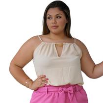 Blusa feminina decote V detalhe de corrente dourada costas em V regata casual alças finas de amarração nas costas duna liso slim e plus size 40 ao 54