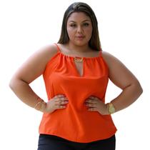 Blusa feminina decote V detalhe de corrente dourada costas em V regata casual alças finas de amarração nas costas duna liso slim e plus size 40 ao 54