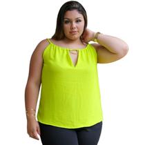 Blusa feminina decote V detalhe de corrente dourada costas em V regata casual alças finas de amarração nas costas duna liso slim e plus size 40 ao 54