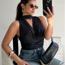 Blusa Feminina Decote V Gola Choker Elegante Primavera Verão Blusa Feminina Decote V Gola Choker Elegante Primavera Verão
