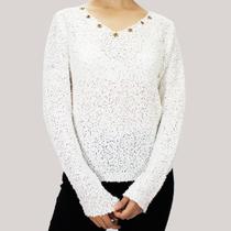 Blusa Feminina Decote V Ilhoses Tricot Bouclê Com Brilho Inverno Presente Frio - Melvim Online