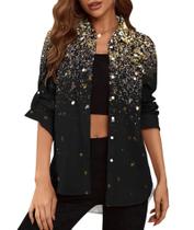 Blusa feminina Deer Lady com botões e decote em V, manga comprida, GG Blusa feminina Deer Lady com botões e decote em V, manga comprida, GG