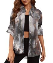 Blusa feminina Deer Lady com botões e decote em V, manga comprida, GG Blusa feminina Deer Lady com botões e decote em V, manga comprida, GG