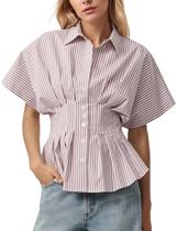 Blusa feminina Dewpaur listrada com botões plissada e manga curta