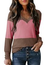 Blusa feminina Dokotoo com decote em V, manga comprida, bloco colorido Blusa feminina Dokotoo com decote em V, manga comprida, bloco colorido