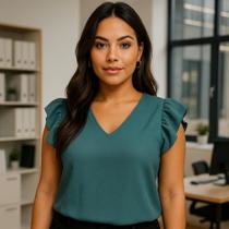 Blusa Feminina Duna com Decote V e Mangas Curtas com Babados Social Elegante Tamanho G