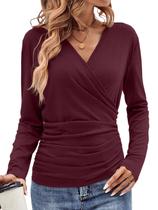 Blusa feminina EasyGala, manga comprida, franzida, decote em V, cor de vinho Blusa feminina EasyGala, manga comprida, franzida, decote em V, cor de vinho