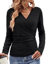 Blusa feminina EasyGala, manga comprida, franzida, decote em V, preta Blusa feminina EasyGala, manga comprida, franzida, decote em V, preta